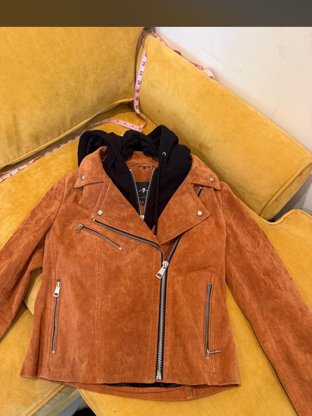 7 For All Mankind Rust Suede Moto Jacket with Black Hood